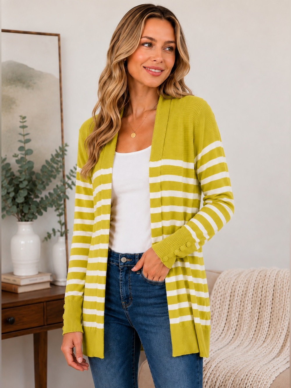 Cyrus Chartreuse White Striped Open Front Cardigan Sweater Layering Staple sz L